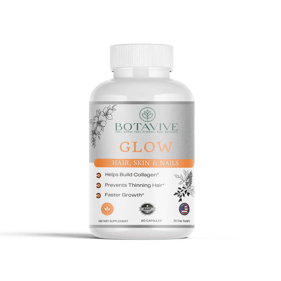Botavive Glow capsules bottle showing Hair, Skin & Nails formula with collagen-building benefits for women's daily radiance s