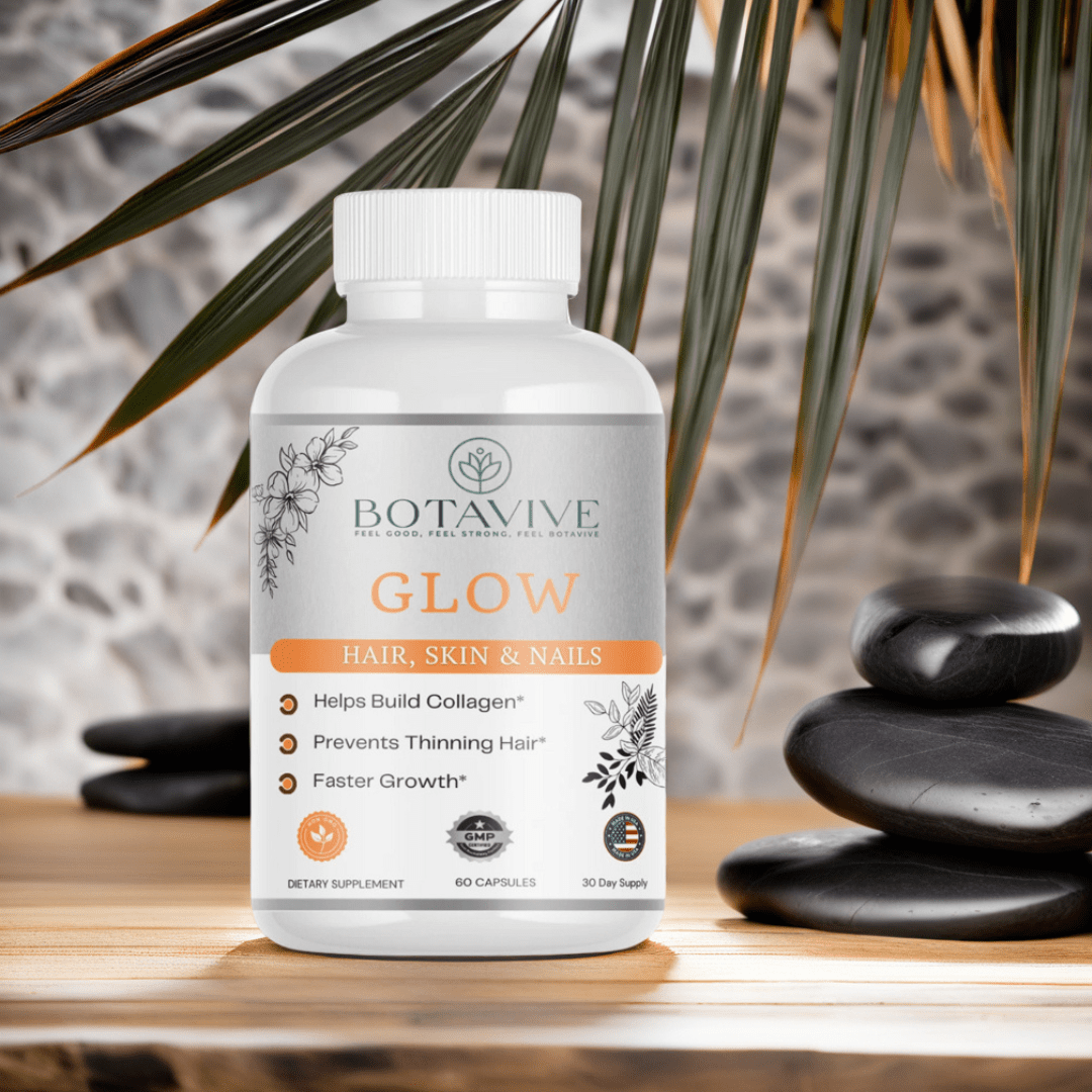 Botavive Glow capsules for hair, skin & nails — GMP-certified, 60-count bottle promising collagen support & faster growth