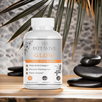Botavive Glow capsules for hair, skin & nails — GMP-certified, 60-count bottle promising collagen support & faster growth