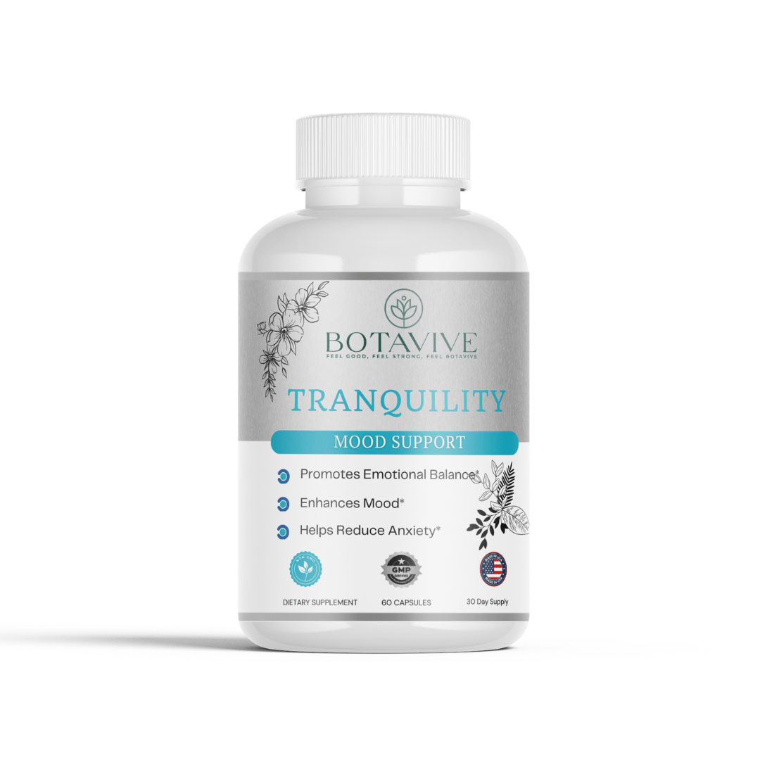 Botavive Tranquility white capsule bottle with GMP-certified mood support label promoting emotional balance and anxiety relie