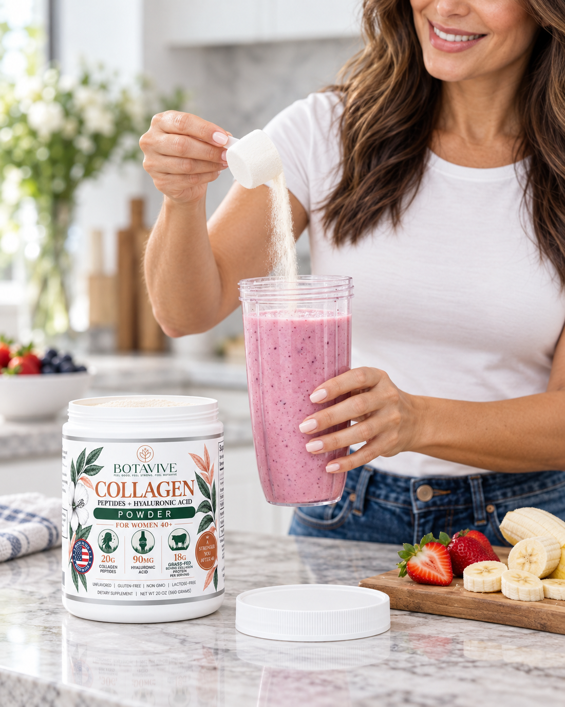 Woman in her 50s browsing supplement options, weighing collagen powder against her usual protein shake