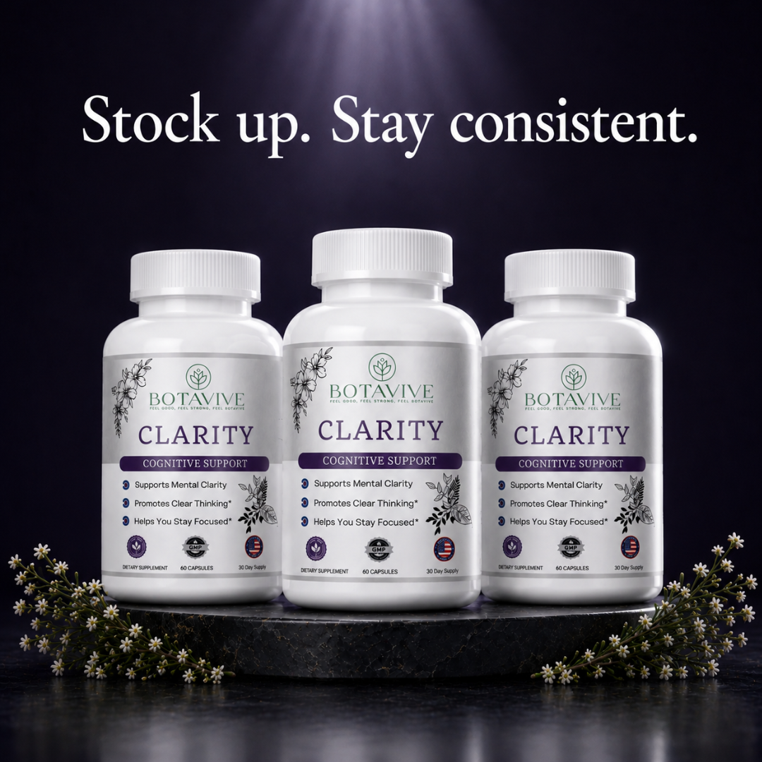 Three bottles of Botavive Clarity cognitive support supplement on a dark background with text 'Stock up. Stay consistent.'