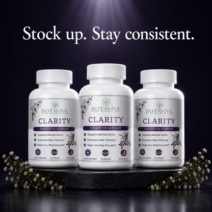 Three bottles of Botavive Clarity cognitive support supplement on a dark background with text 'Stock up. Stay consistent.'