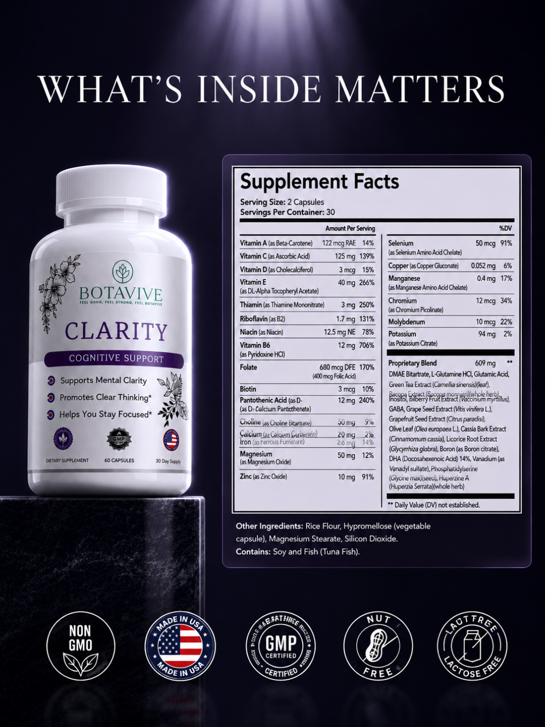 Botavive Clarity supplement bottle with label and supplement facts panel on a dark background