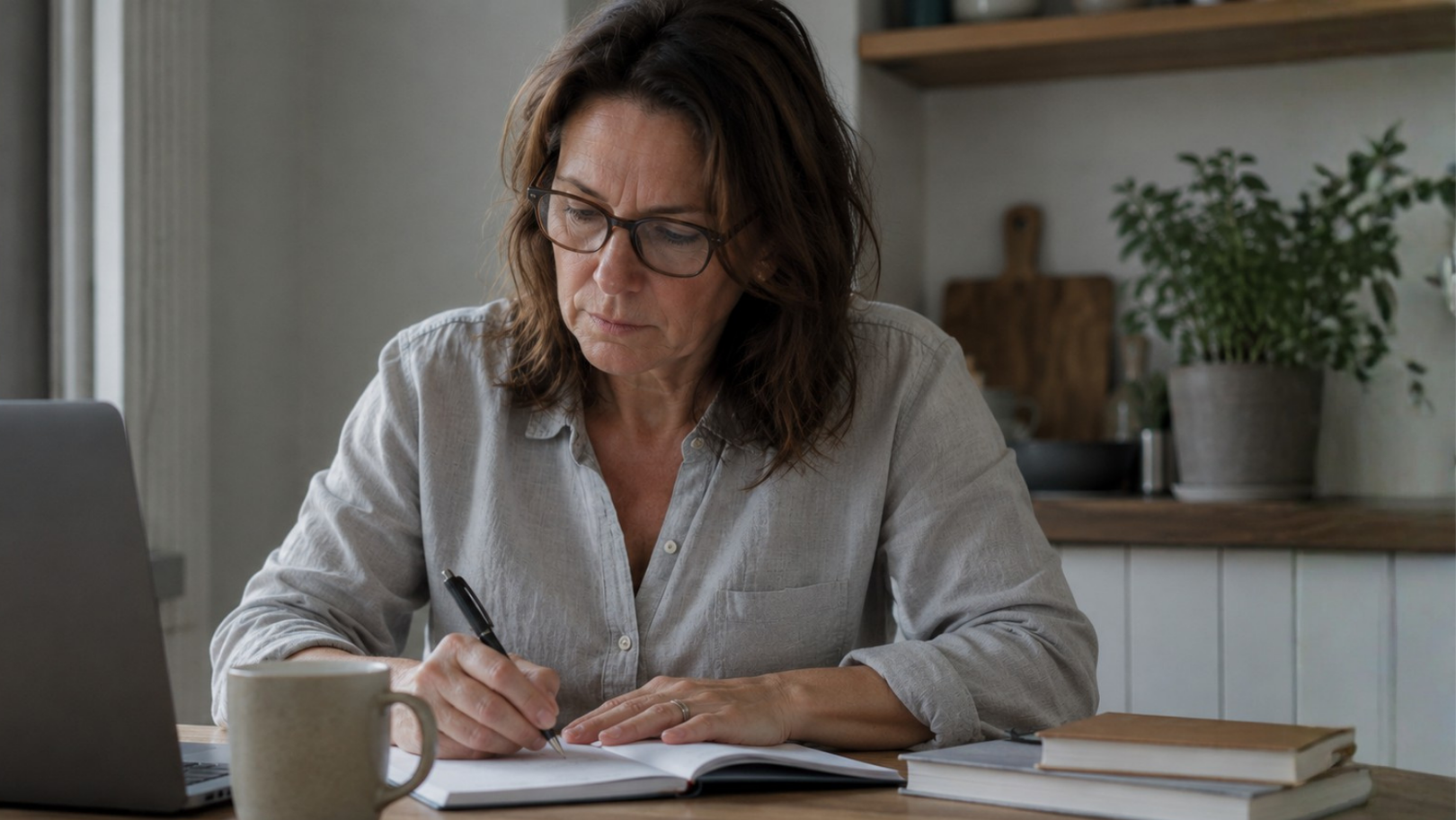 Woman writing in a notebook with a laptop on a table in a home setting.