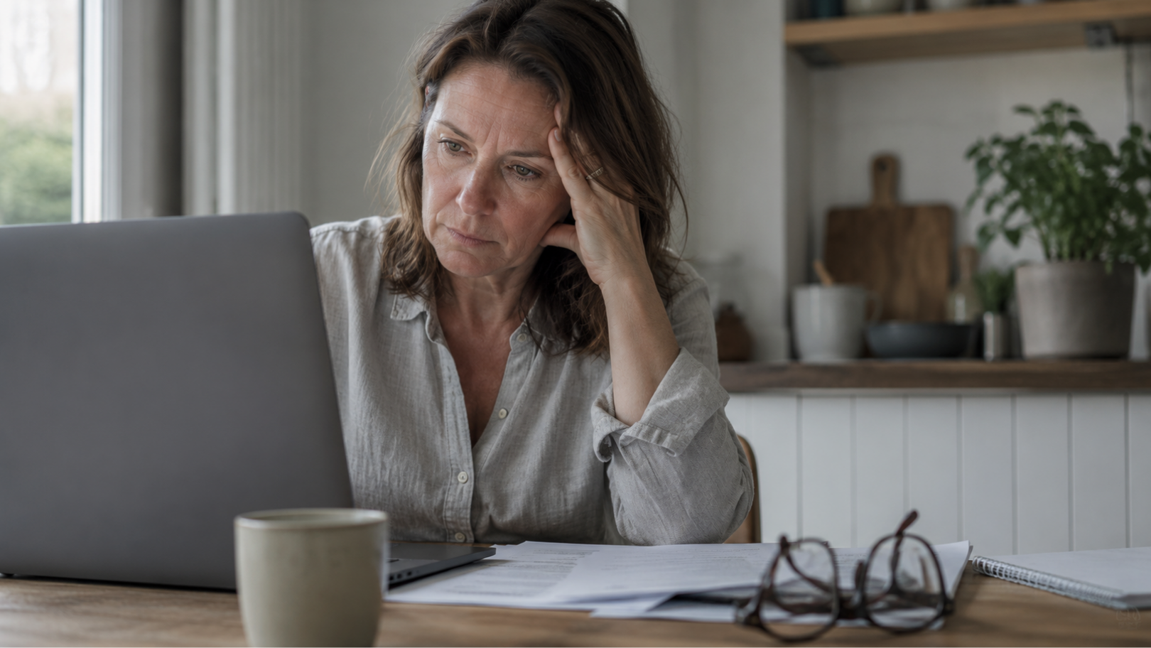 Woman sitting at a desk with a laptop, looking stressed or tired.