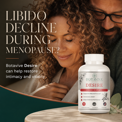 Advertisement for Botavive Desire supplement with a couple embracing and text about libido decline during menopause.