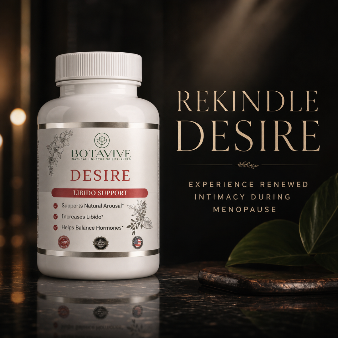 Bottle of Botavive Desire supplement with text 'Rekindle Desire' on a dark background