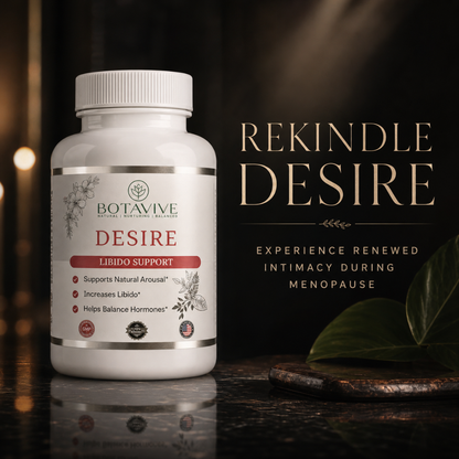 Bottle of Botavive Desire supplement with text 'Rekindle Desire' on a dark background