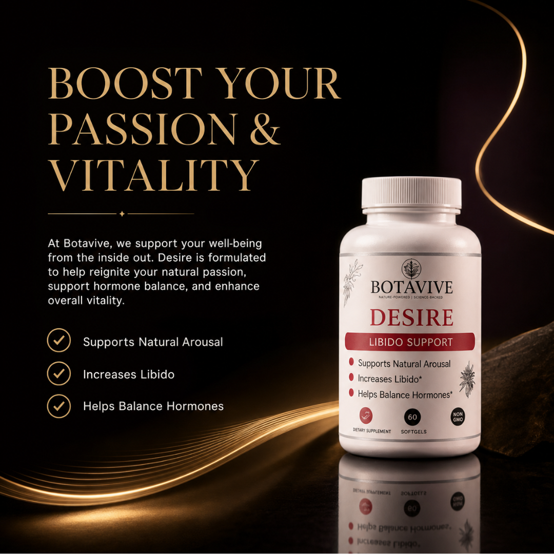 Botavive Desire libido support supplement bottle with promotional text on a dark background