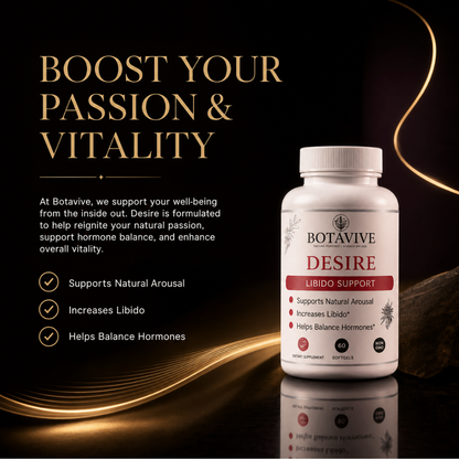 Botavive Desire libido support supplement bottle with promotional text on a dark background