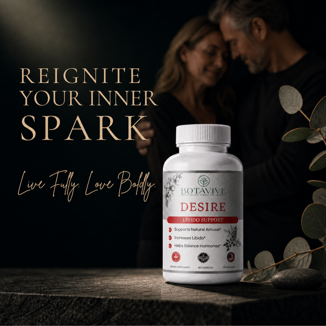 Bottle of Botavive Desire supplement with a couple in the background and text 'Reignite Your Inner Spark'.