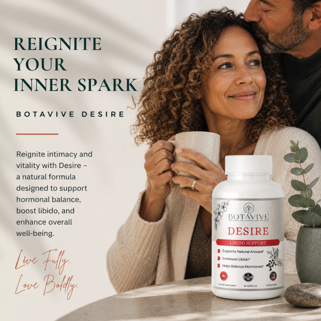 Woman holding a mug with a bottle of Botavive Desire supplement in front, with text about product benefits.