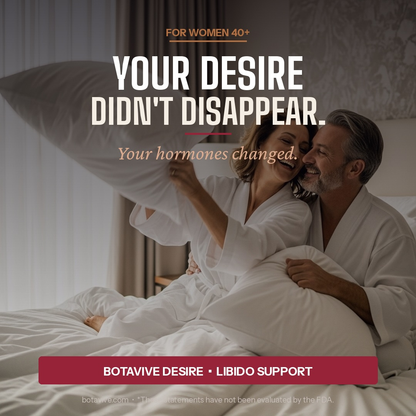 Couple in bed with promotional text about hormone support for women over 40.