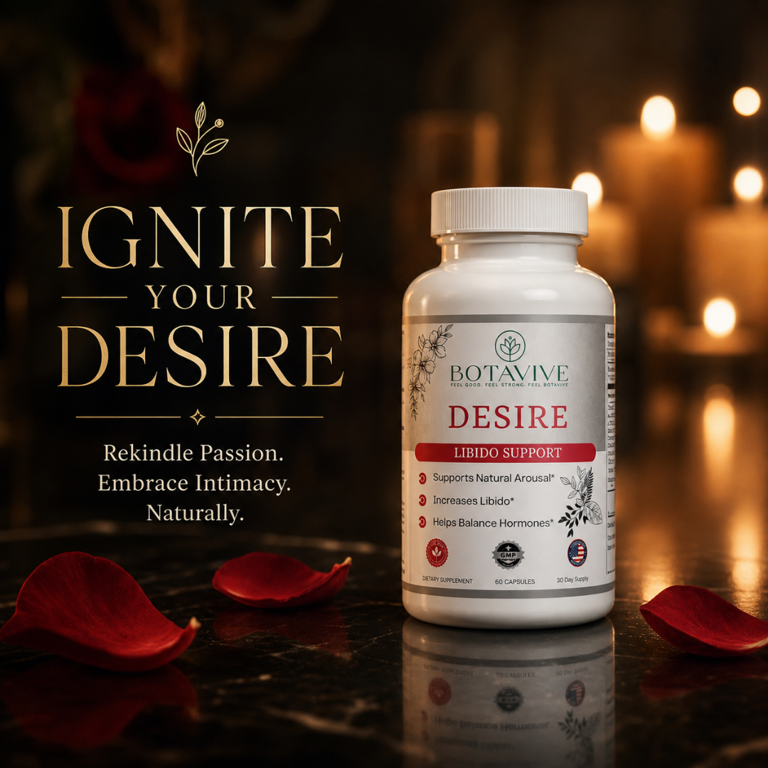 Botavive Desire libido support supplement bottle with romantic ambiance
