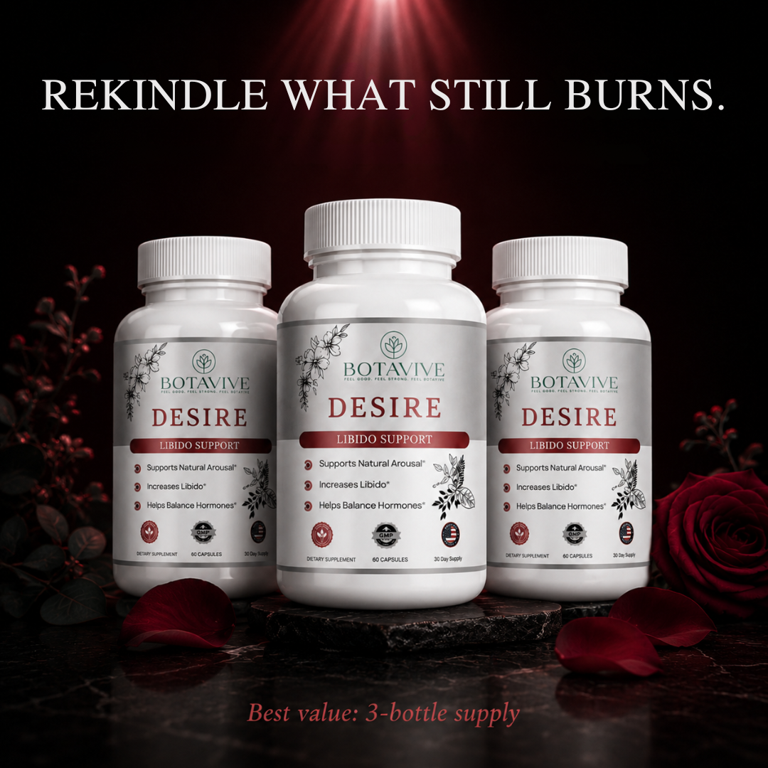 Three bottles of Botavive Desire libido support supplement with red roses and text on a dark background.