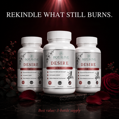 Three bottles of Botavive Desire libido support supplement with red roses and text on a dark background.