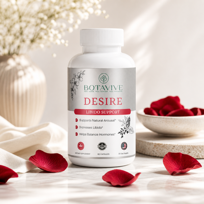 Bottle of Botavive Desire supplement with red petals on a light background