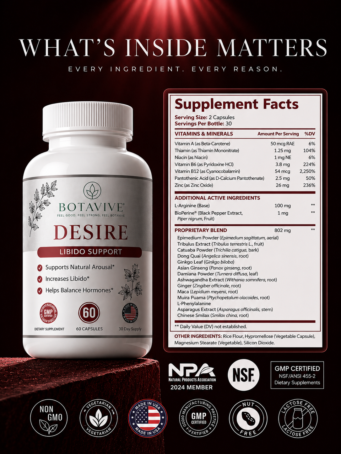 Supplement bottle labeled 'Desire' with supplement facts panel on a dark background