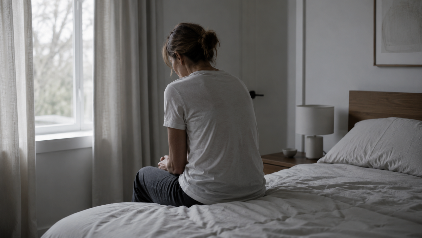 Person sitting on a bed in a bedroom