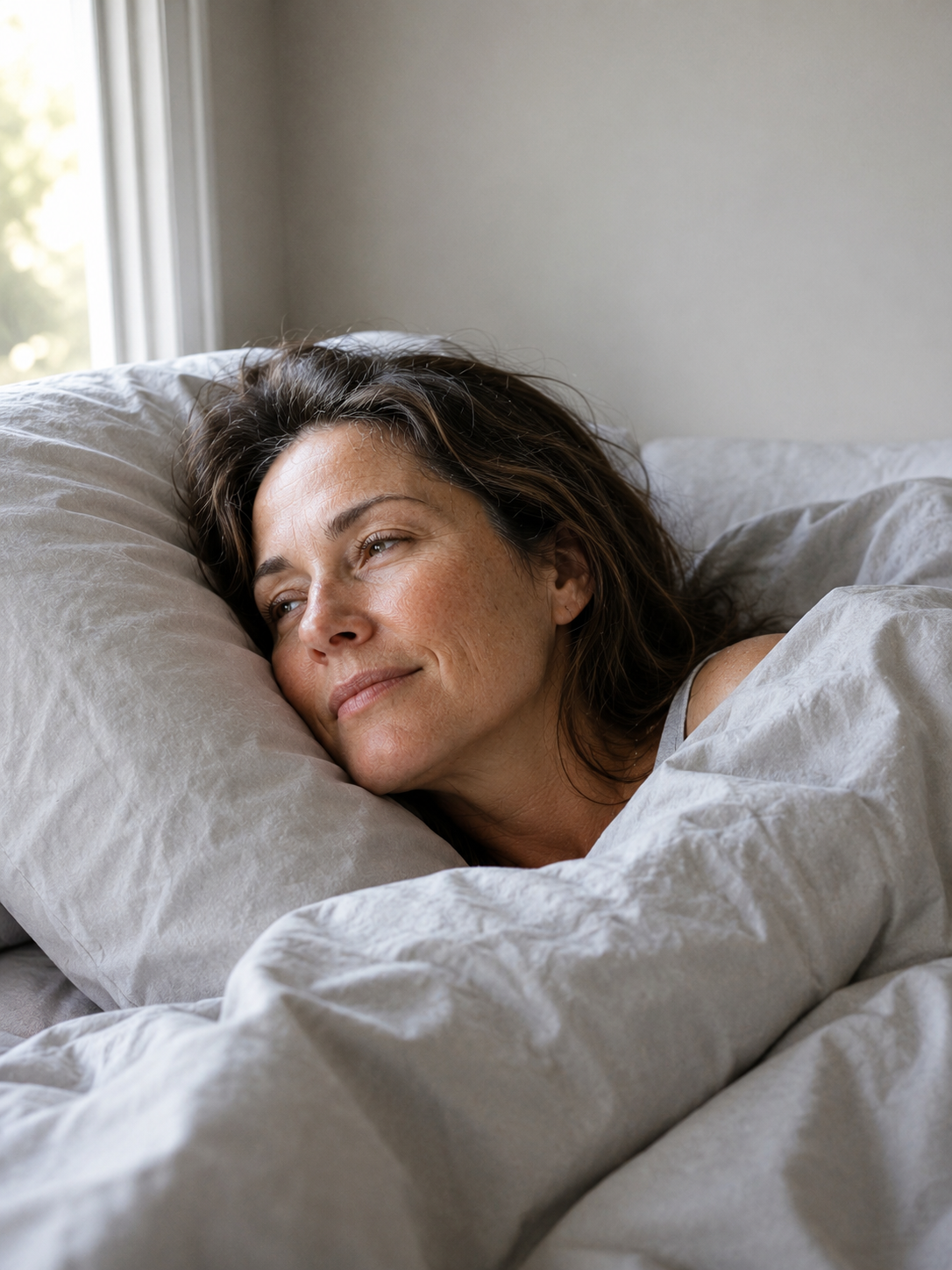 Woman lying in bed with white bedding and pillows, looking relaxed.
