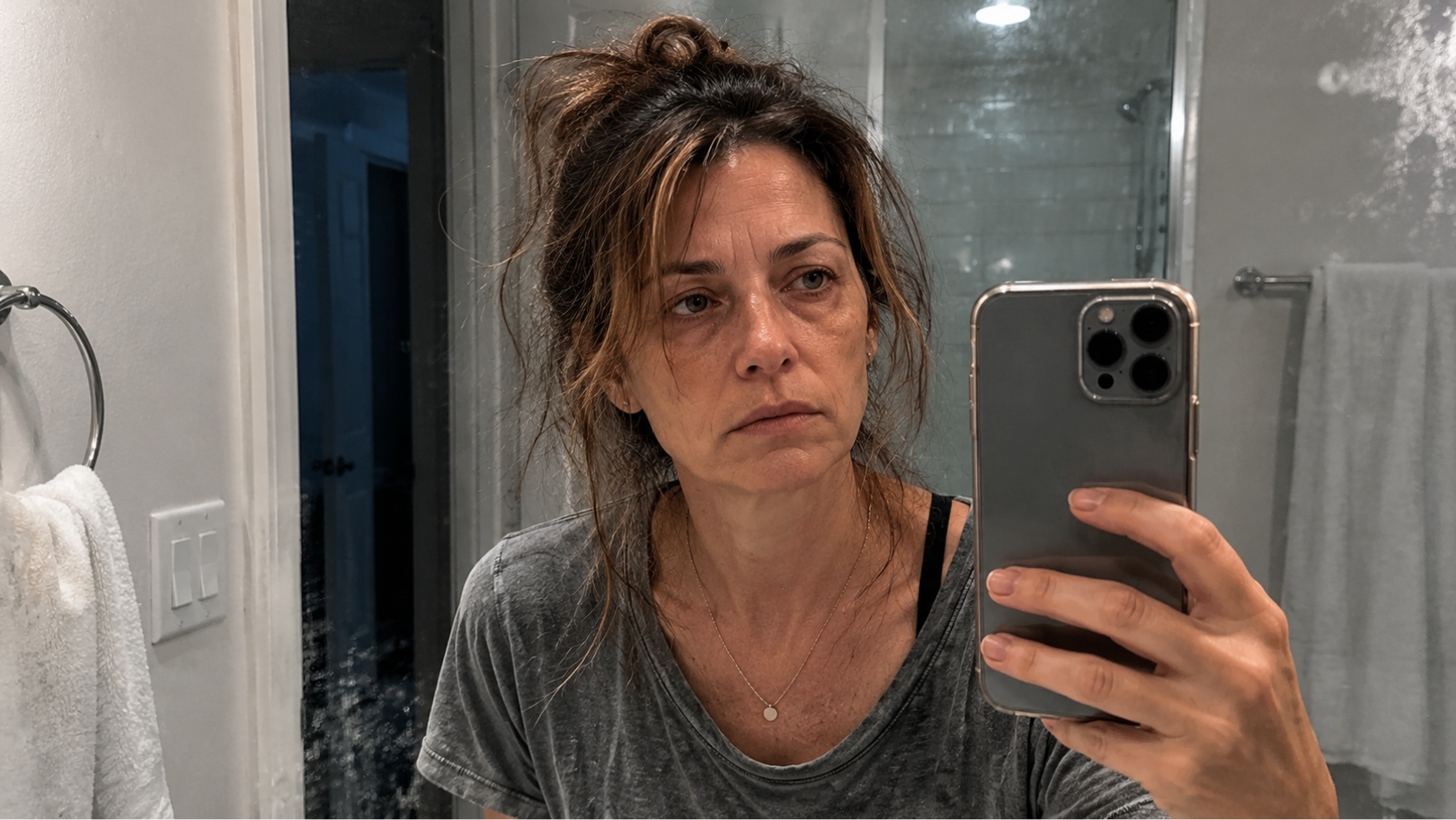 Woman taking a mirror selfie in a bathroom holding a phone.