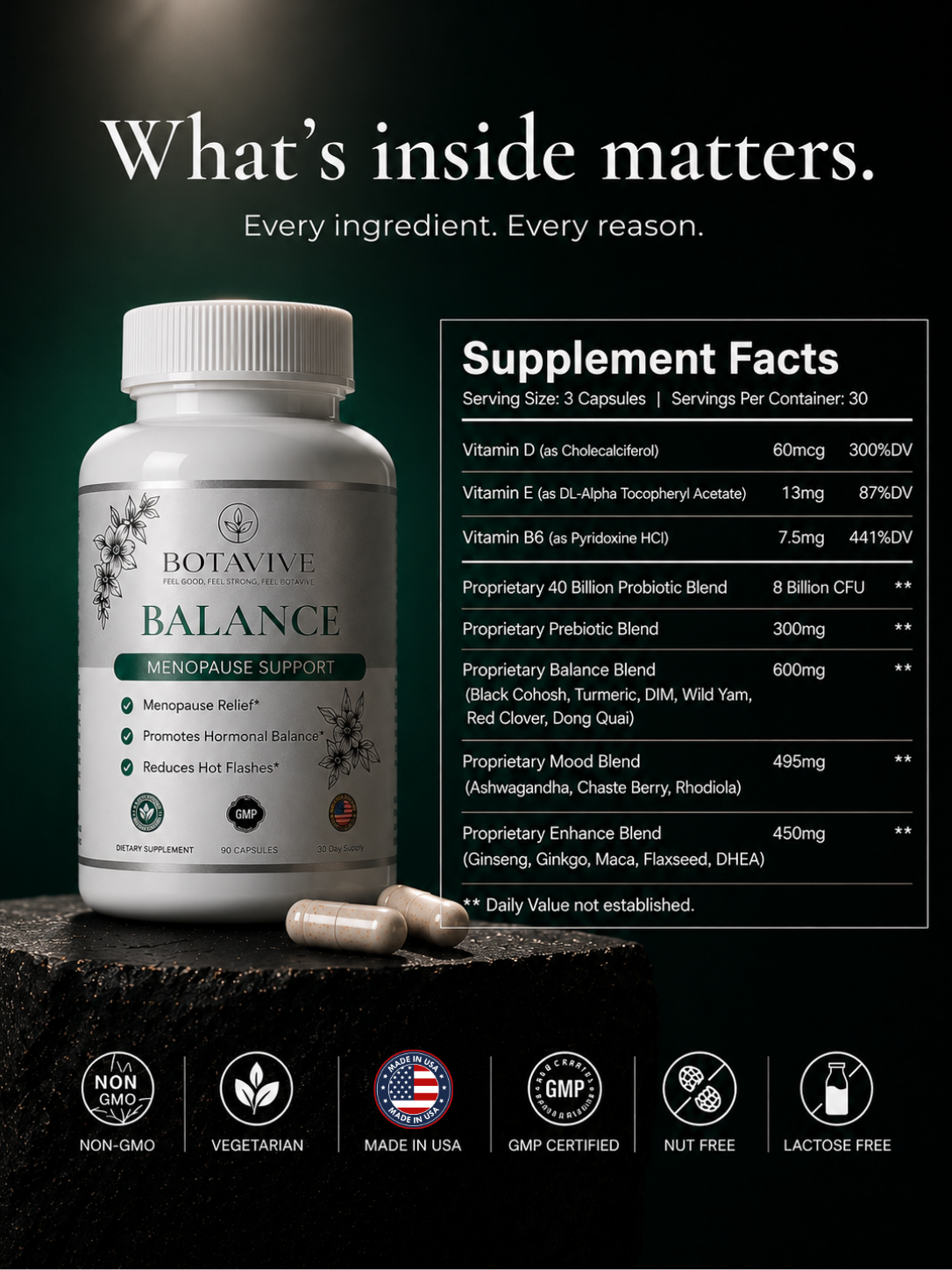 Supplement bottle labeled 'Balance' with supplement facts and branding icons on a dark background.