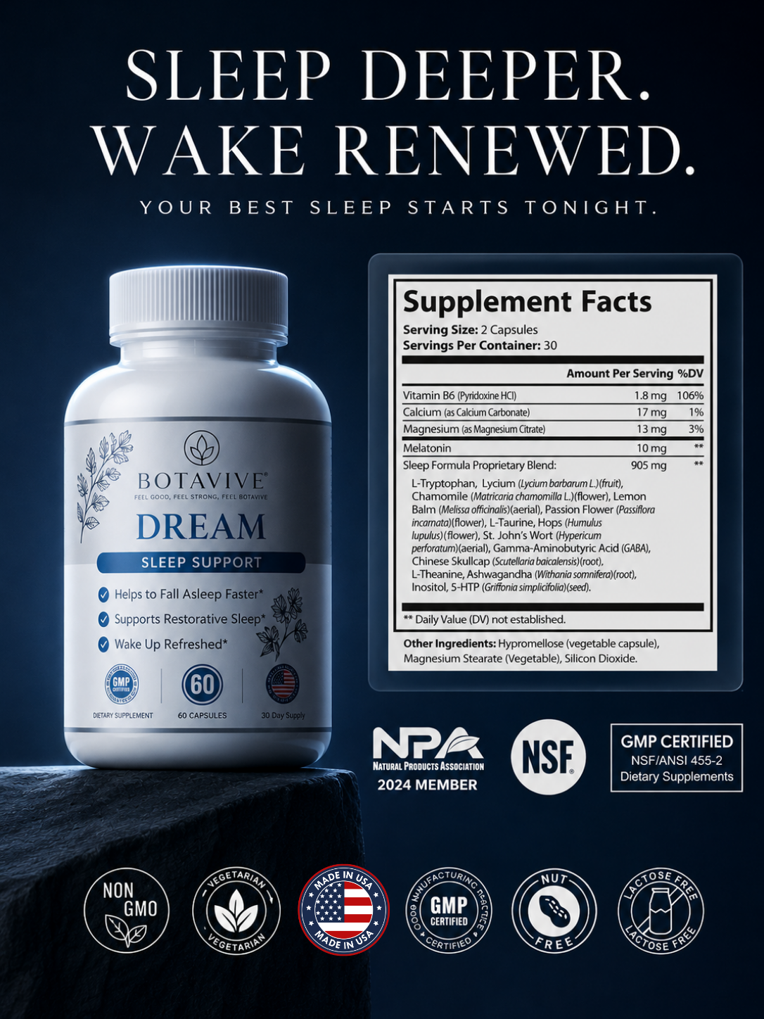 Botavive Dream sleep support supplement bottle with label and supplement facts on a dark background