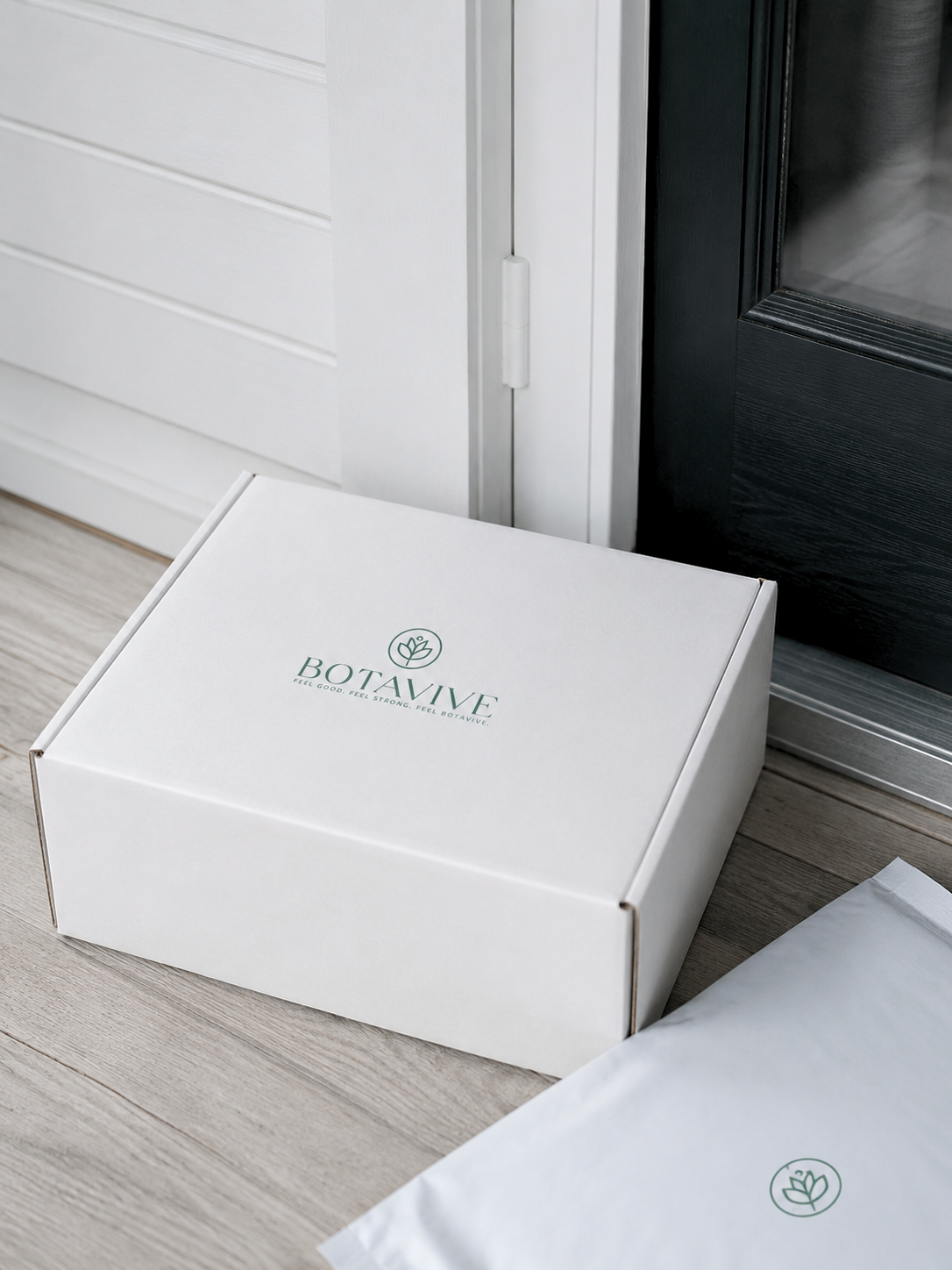 White box with 'BOTAVIVE' branding on a wooden floor next to a black fireplace.