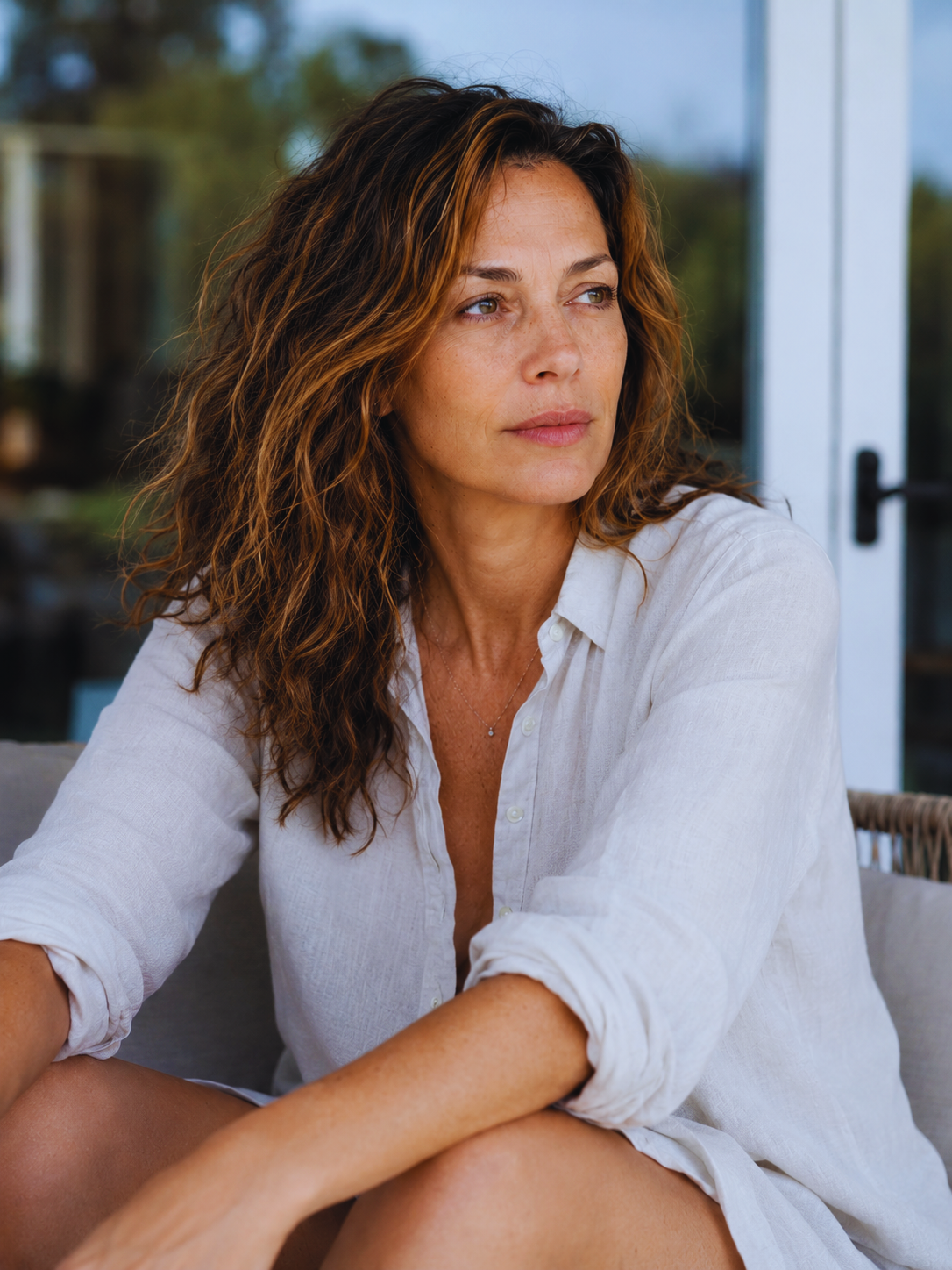 Woman wearing a white shirt sitting outdoors with blurred background