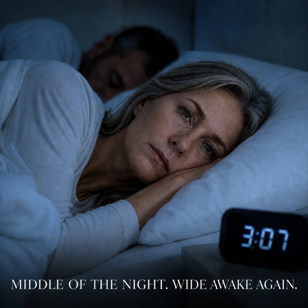 Woman lying in bed wide awake at 3:07 AM with a digital clock.
