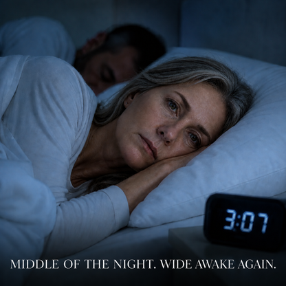 Woman lying in bed wide awake at 3:07 AM with a digital clock.