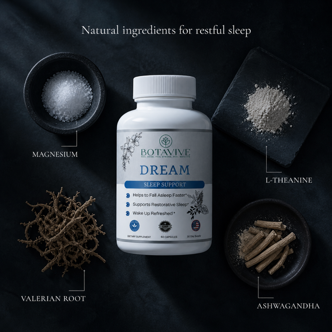 Botavive Dream sleep support supplement bottle with natural ingredients on a dark background