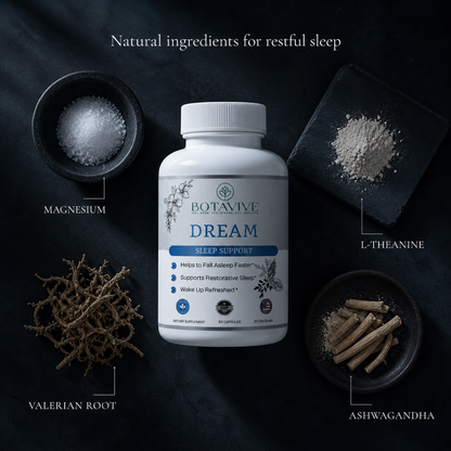 Botavive Dream sleep support supplement bottle with natural ingredients on a dark background