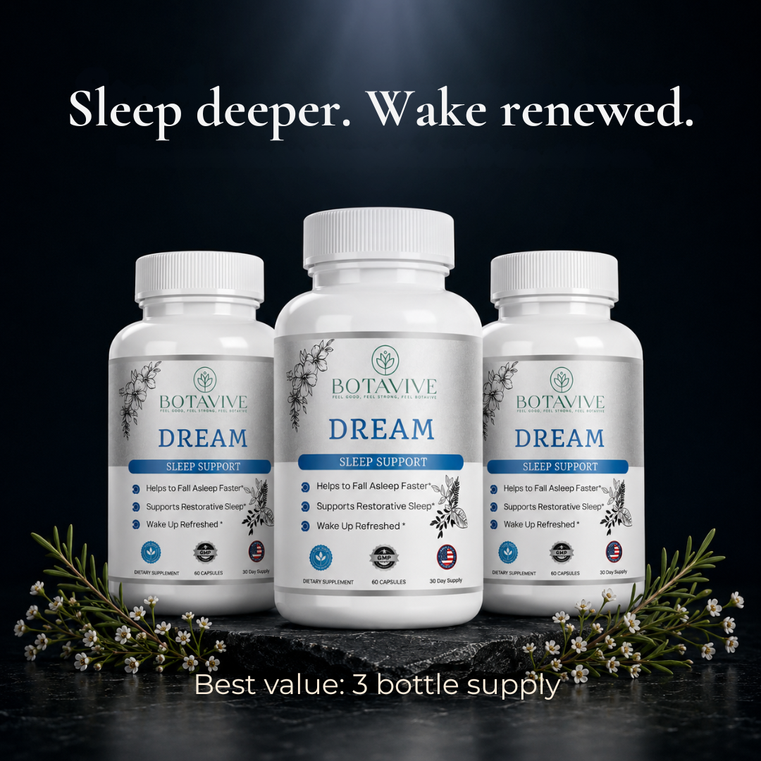 Three bottles of Botavive Dream sleep support supplement on a dark background with text 'Sleep deeper. Wake renewed.'