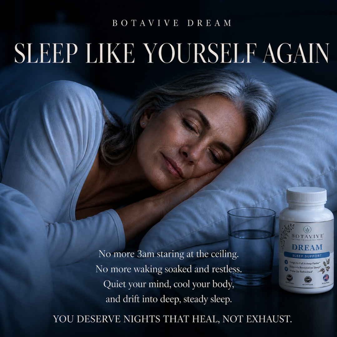 Woman sleeping with a bottle of Botavive Dream supplement and glass of water next to her.
