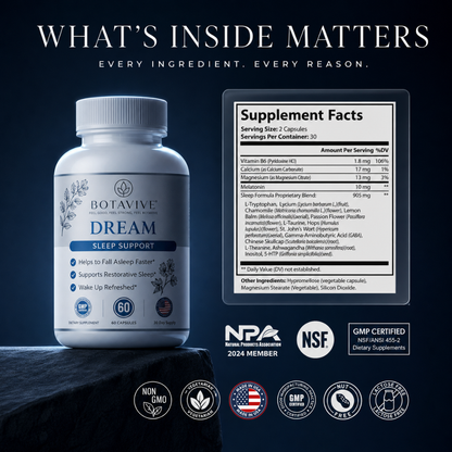 Botavive Dream sleep support supplement bottle with label and supplement facts on a dark background