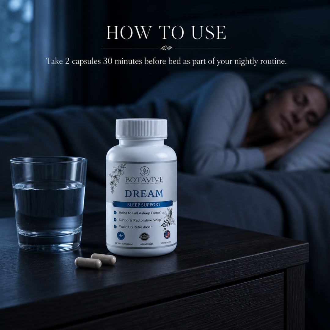 Botavive Dream sleep support supplement bottle with capsules and glass of water on a nightstand, person sleeping in the background.
