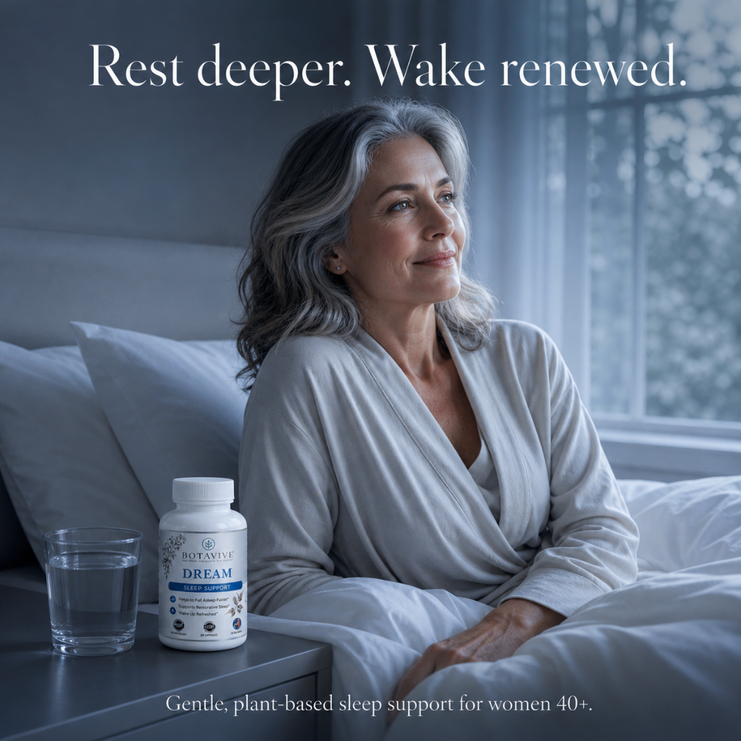Woman in bed with a supplement bottle and glass of water, promoting sleep support.