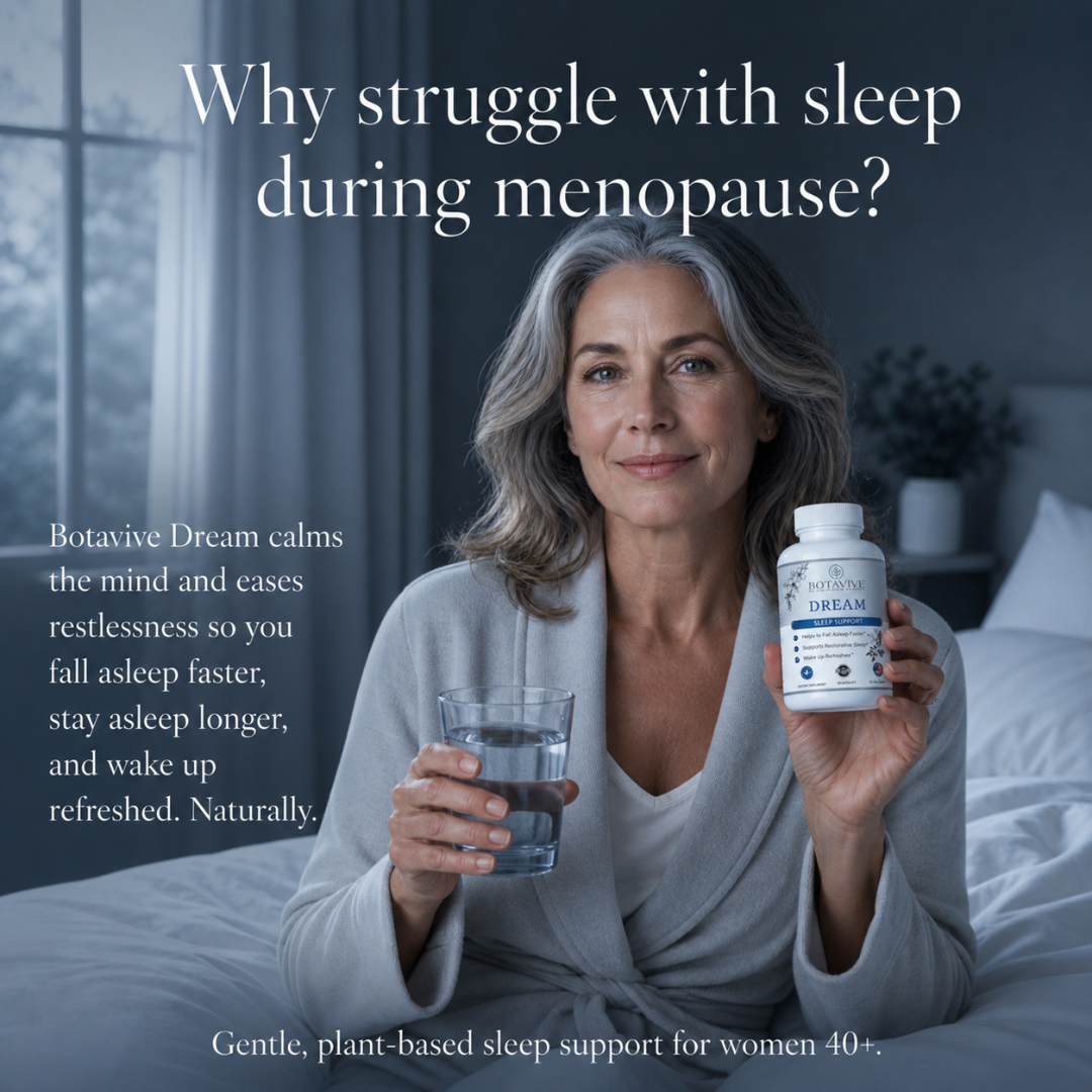 Woman holding a bottle of Botavive Dream supplement and a glass of water in a bedroom setting.