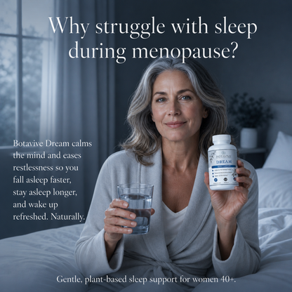 Woman holding a bottle of Botavive Dream supplement and a glass of water in a bedroom setting.