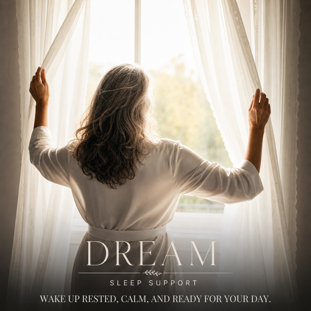Woman opening curtains with 'Dream Sleep Support' text overlay