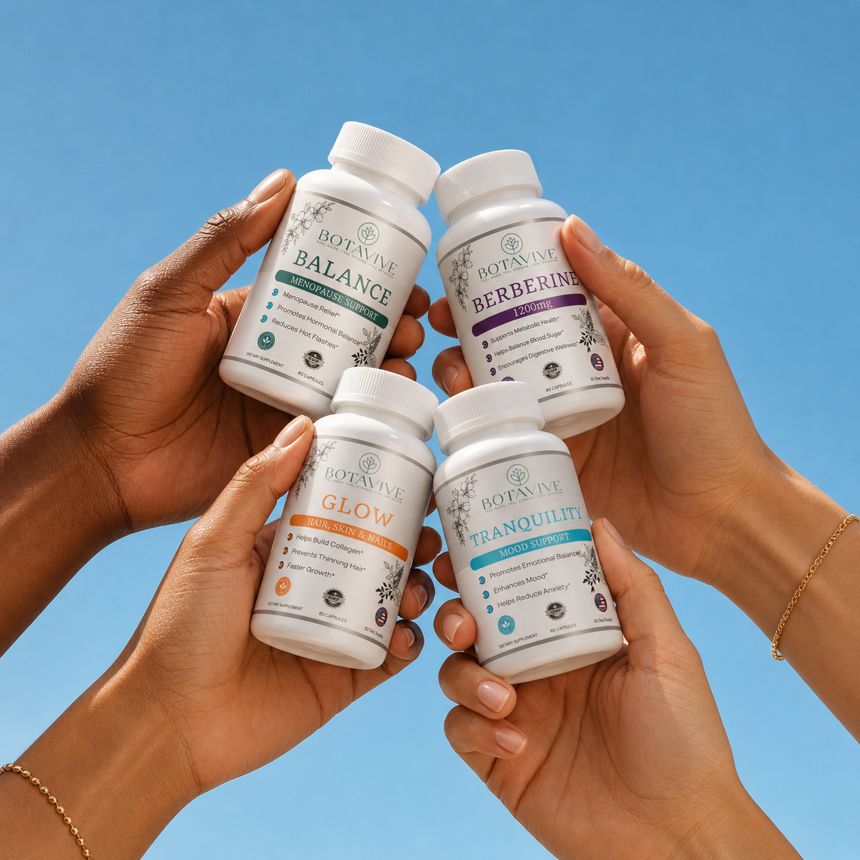 Four hands holding Botavive supplement bottles against a blue sky background