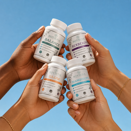 Four hands holding Botavive supplement bottles against a blue sky background