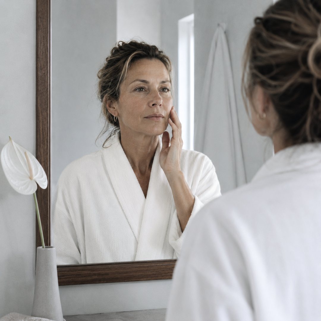 Woman in a white robe looking at herself in a mirror.