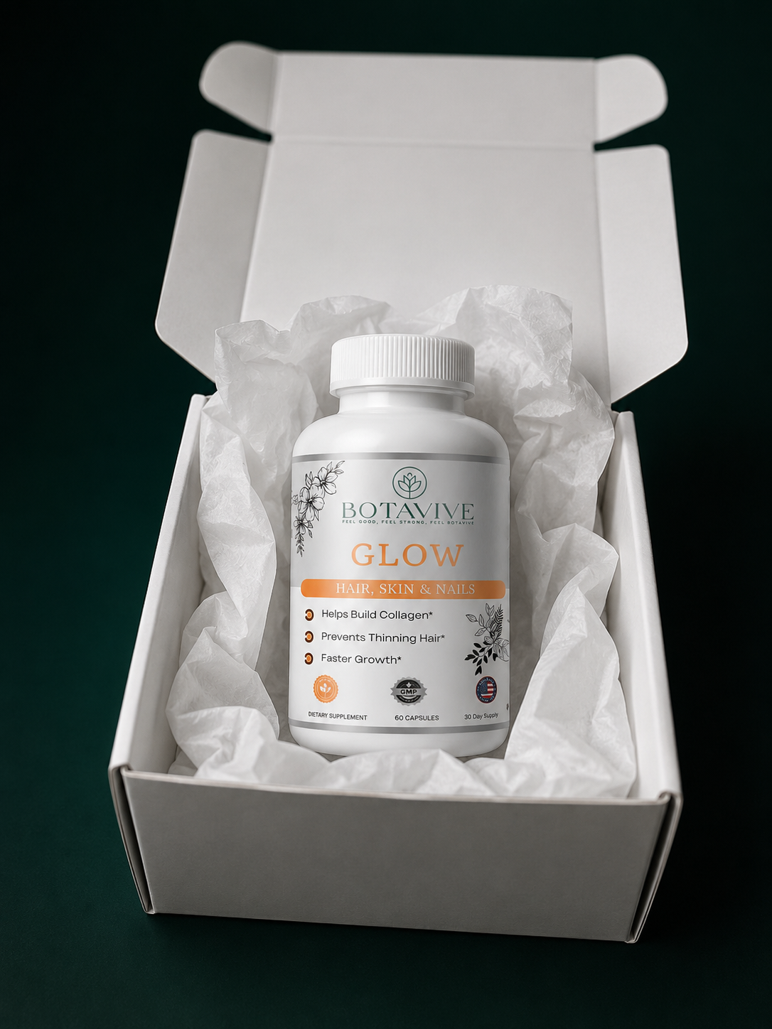Botavive Glow supplement bottle in a white box with tissue paper on a dark background