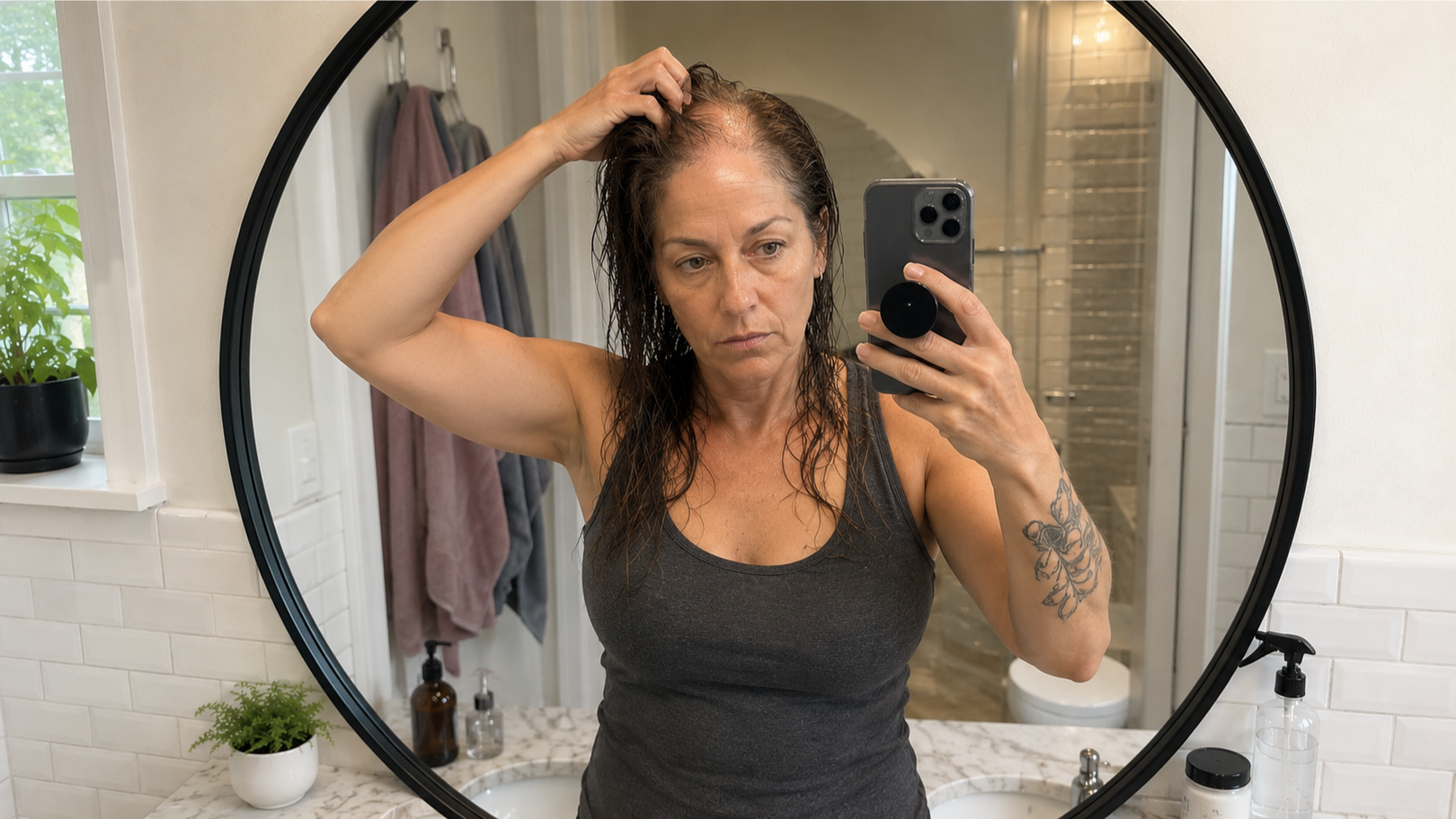 Woman taking a mirror selfie in a bathroom, checking her hair.