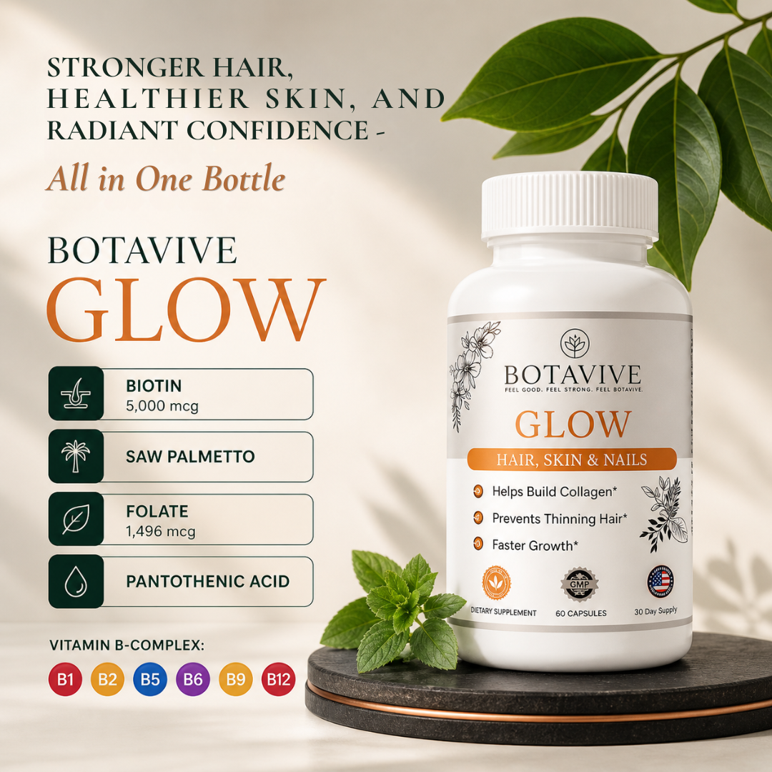 Botavive Glow supplement bottle with ingredients and benefits on a neutral background