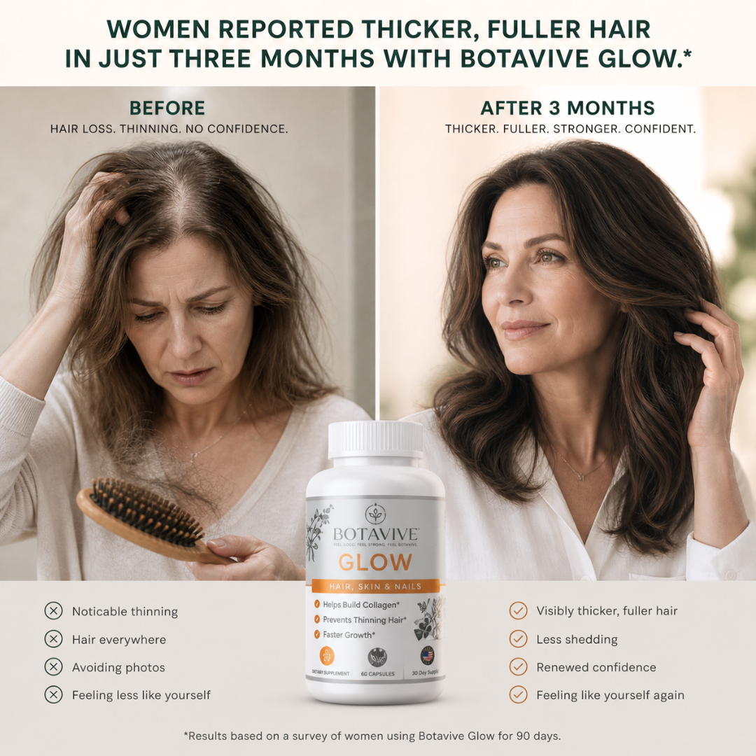 Before and after comparison of a woman's hair health with Botavive Glow supplement.