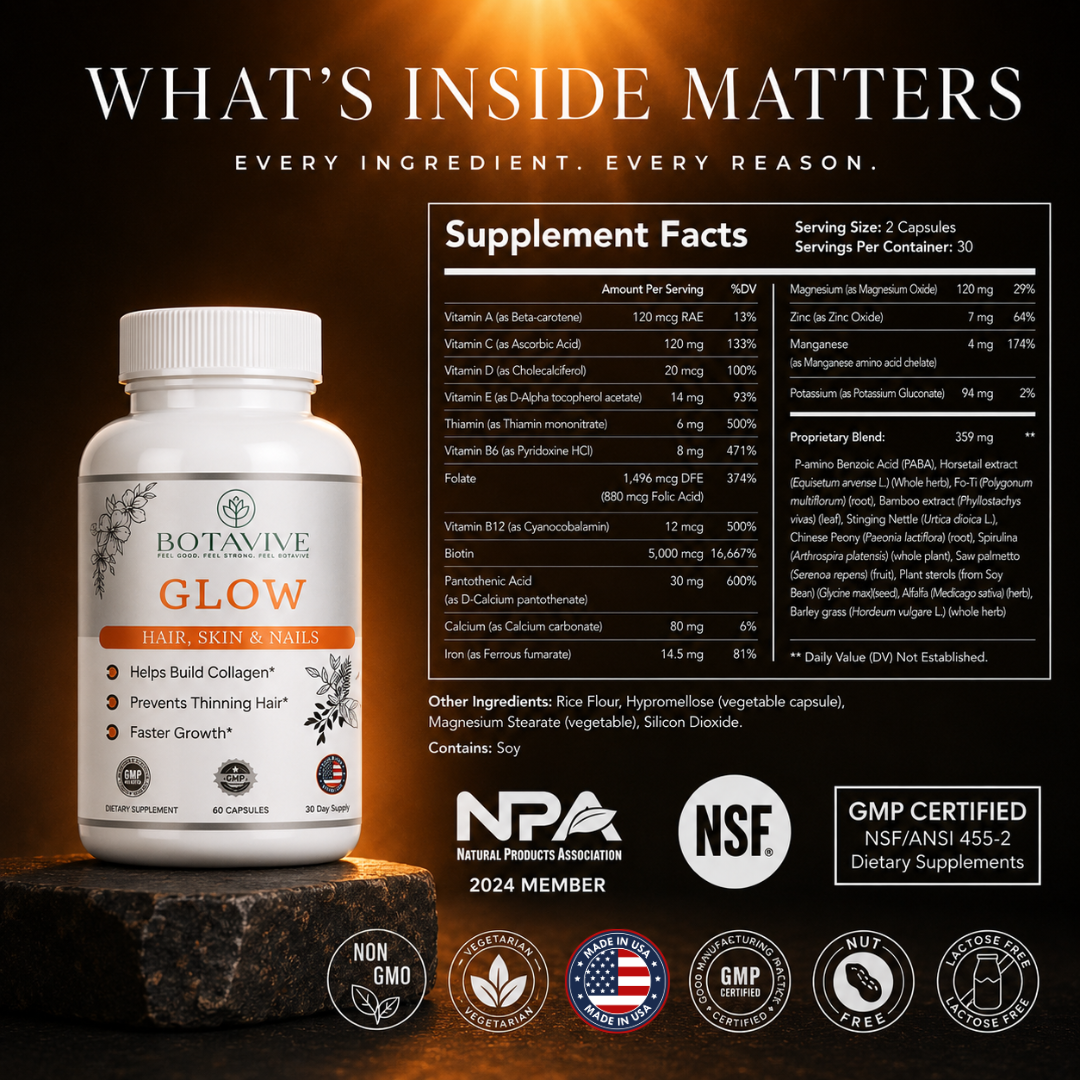 Supplement bottle labeled 'Botavive Glow' with supplement facts and certification logos on a dark background.